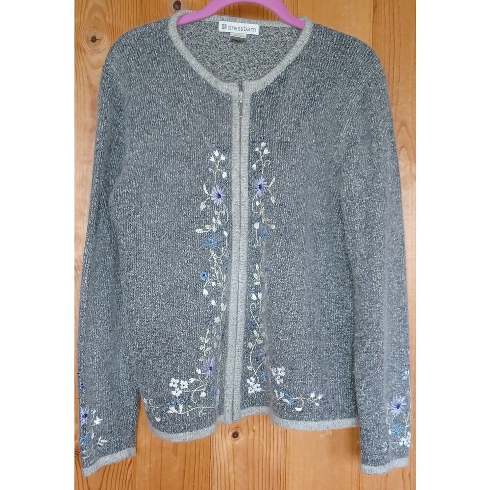 VTG Dressbarn Silk Angora Embroidered Cardigan Women's Medium Gray Floral Design - Picture 4 of 7